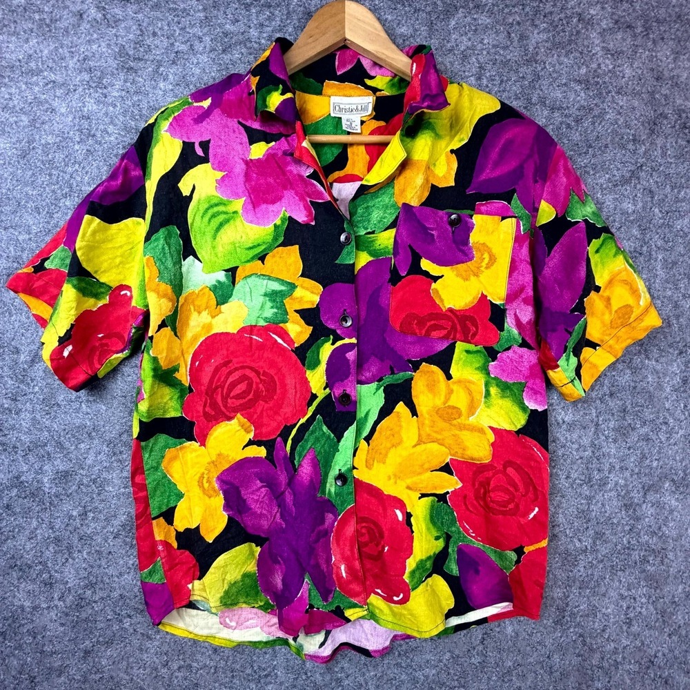 Vintage Christie & Jill Camp Shirt‎ Womens Small Bright Floral Dopamine Hawaiian
